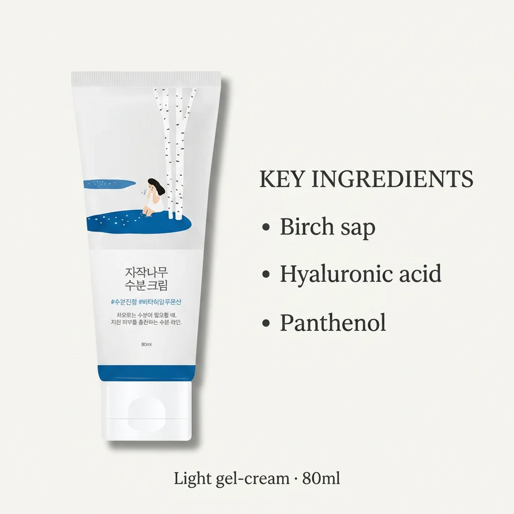Key ingredients panel for ROUND LAB Birch Juice Moisturizing Cream: birch sap, hyaluronic acid and panthenol in a light gel-cream texture