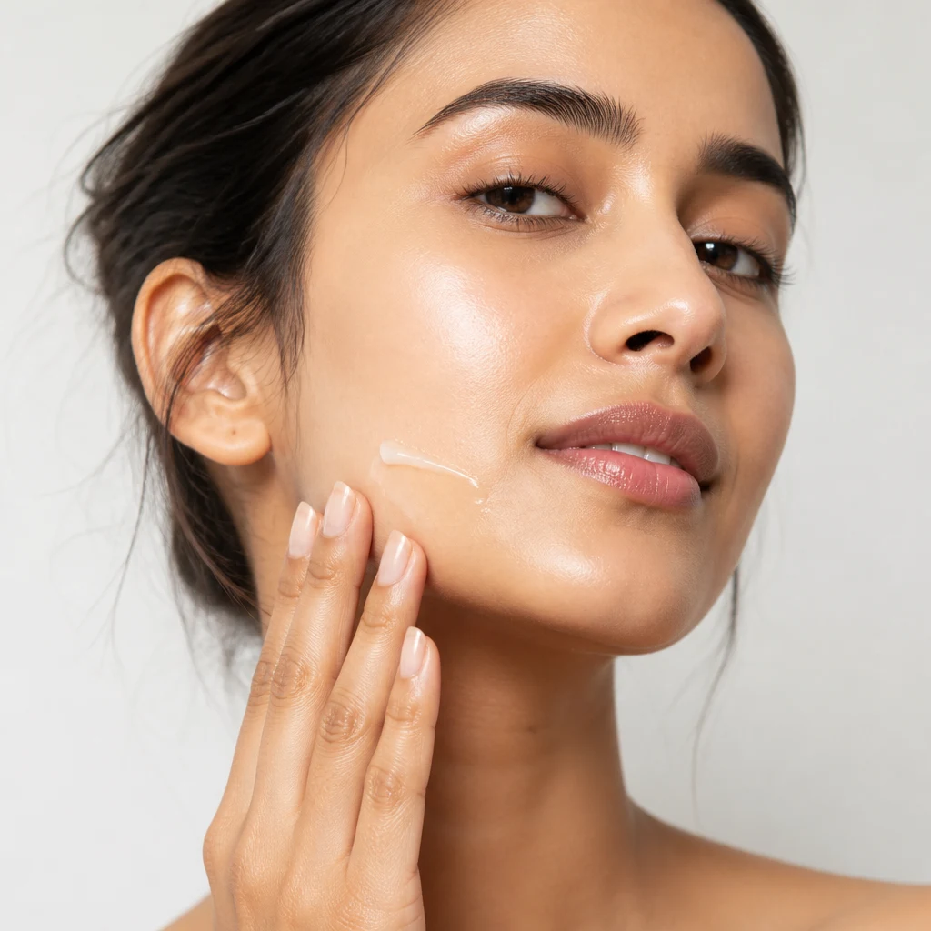 A woman patting a light water-gel moisturiser onto her jawline