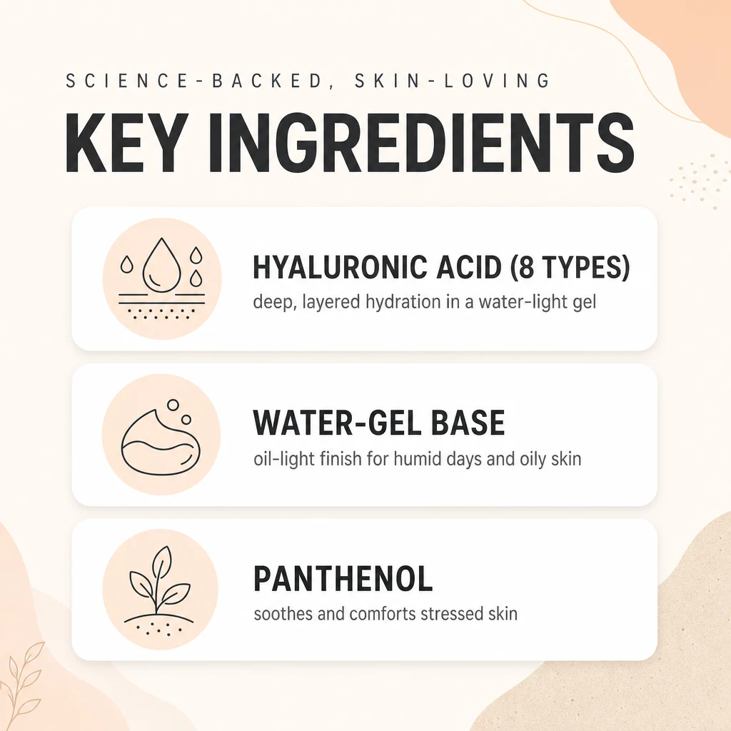 Key ingredients panel for S.NATURE Aqua Oasis Moisturizing Gel: 8-type hyaluronic acid, water-gel base and panthenol