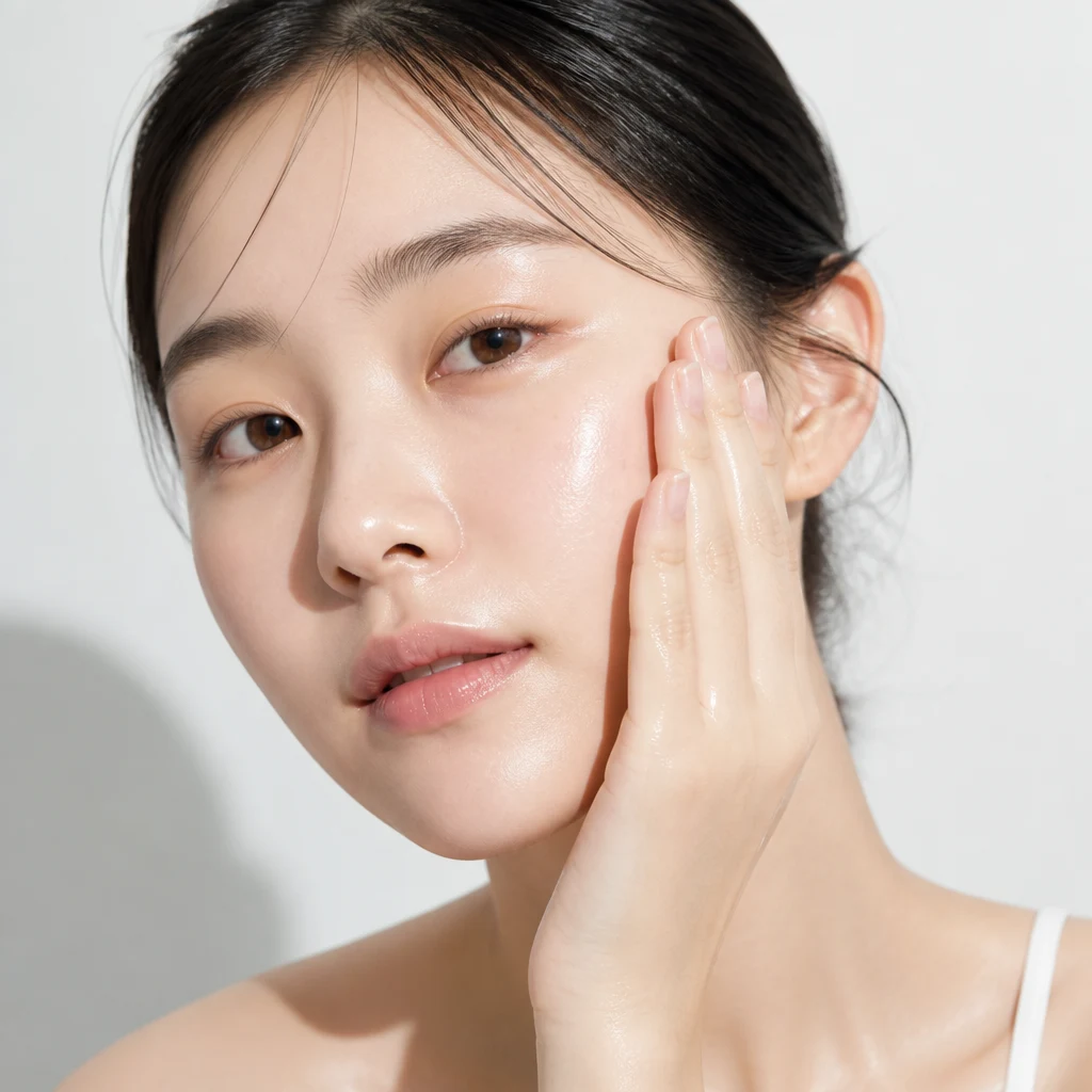 A woman pressing watery toner into her cheek with her palm