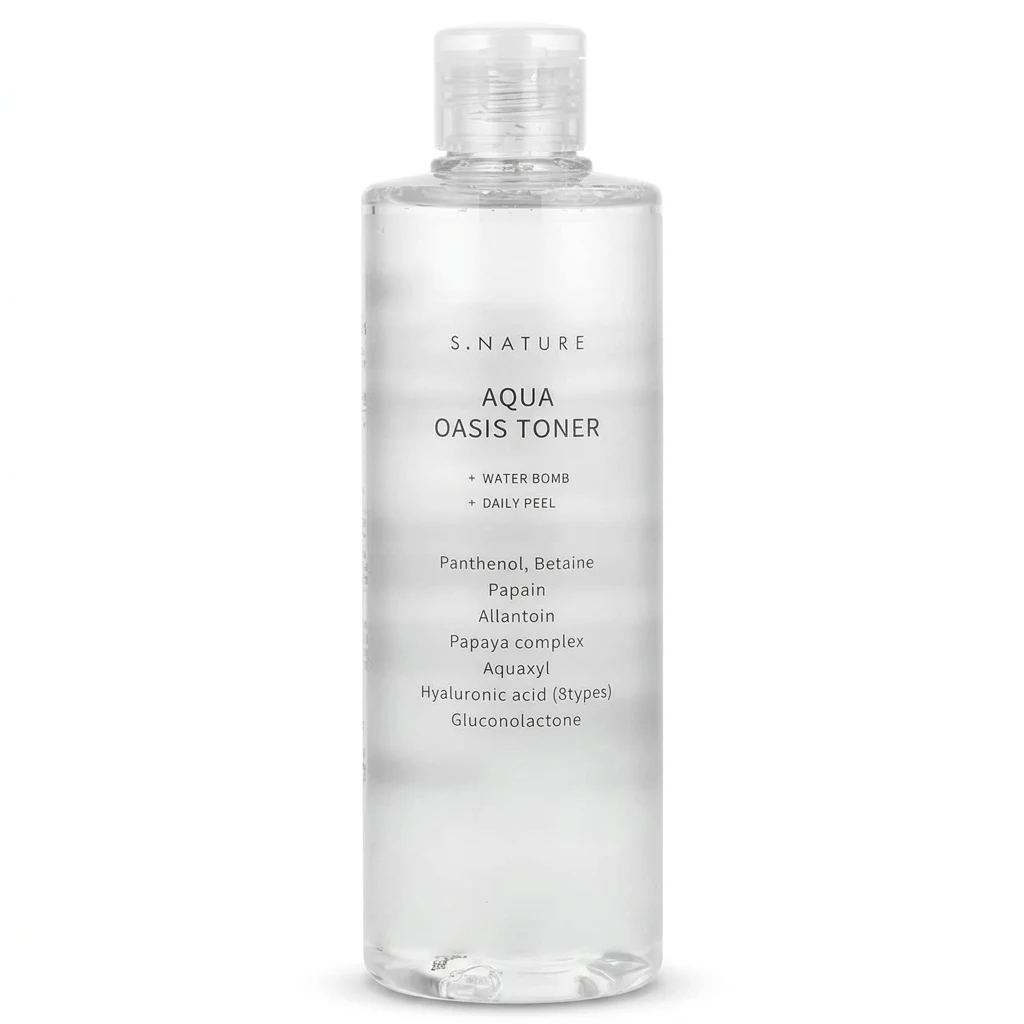 S.NATURE Aqua Oasis Toner bottle on a clean white studio backdrop