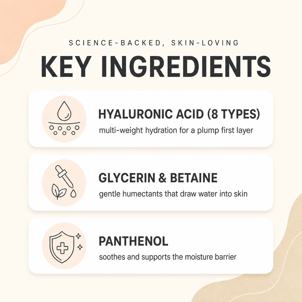 Key ingredients panel for S.NATURE Aqua Oasis Toner: 8-type hyaluronic acid, glycerin and betaine humectants, and panthenol