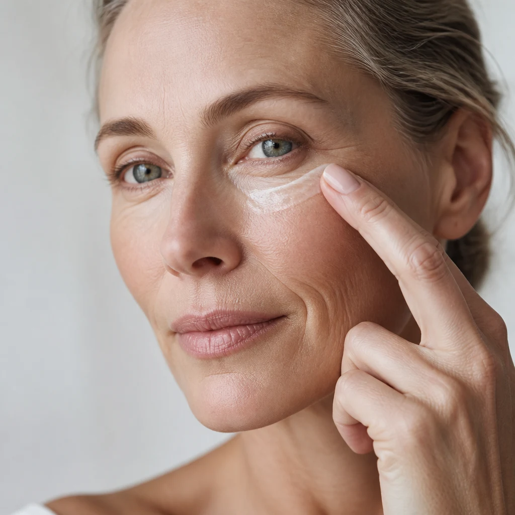 A woman gently tapping eye cream along her under-eye with her ring finger
