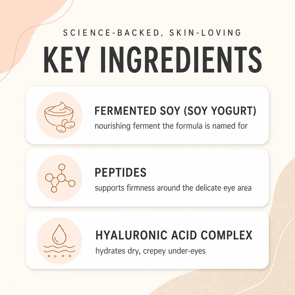 Key ingredients panel for S.NATURE Aqua Soy Yogurt Eye Cream: fermented soy yogurt extract, peptides and hyaluronic acid complex