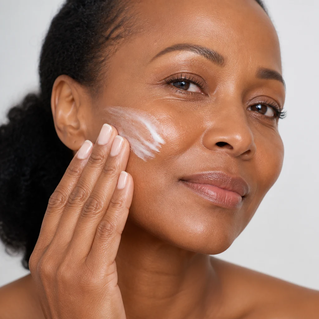 A woman massaging a rich white moisturising cream into her cheek