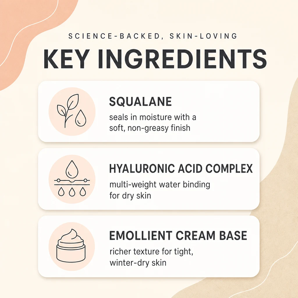 Key ingredients panel for S.NATURE Aqua Squalane Moisturizing Cream: squalane, hyaluronic acid complex and a softening emollient base