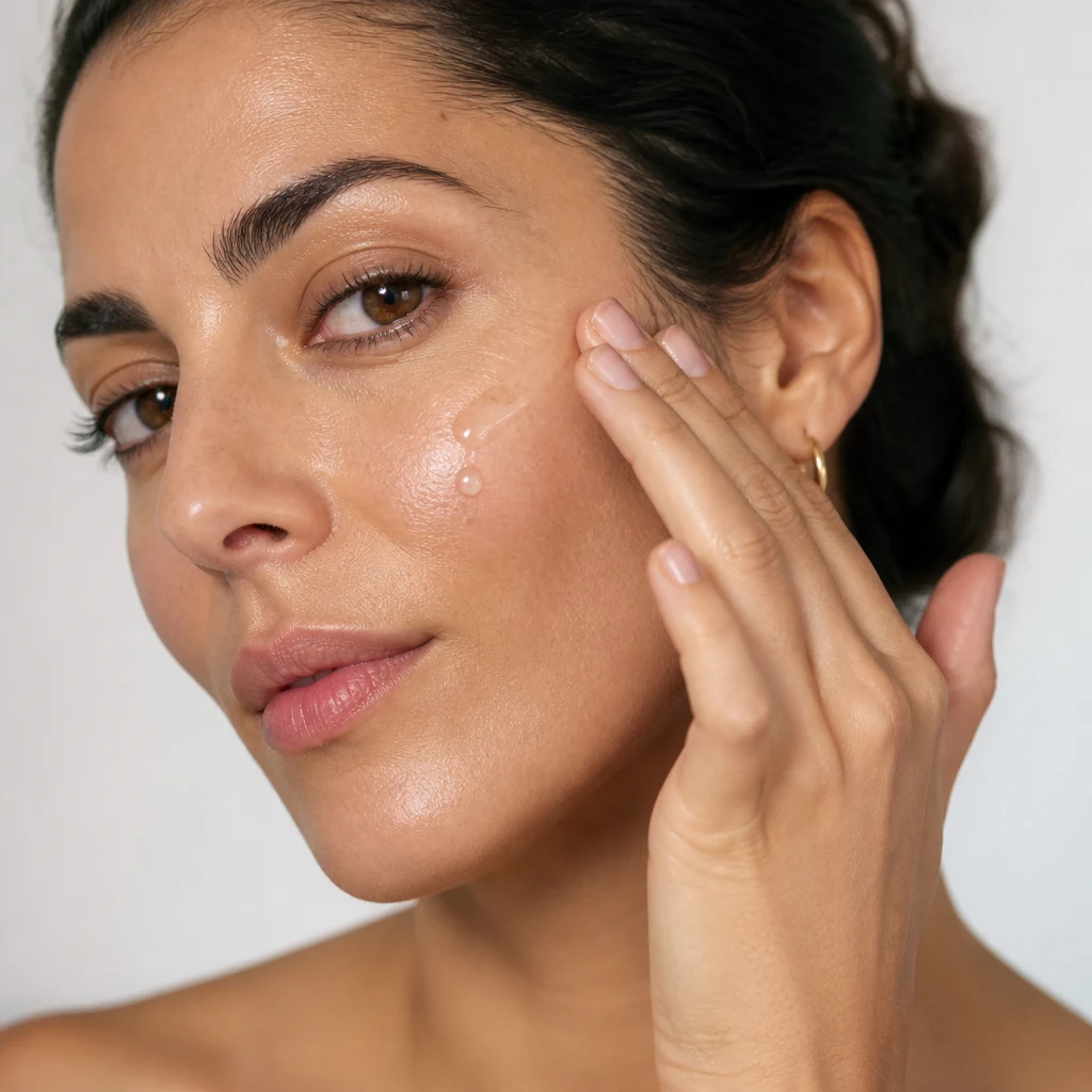 A woman smoothing clear serum along her cheekbone with her fingertips