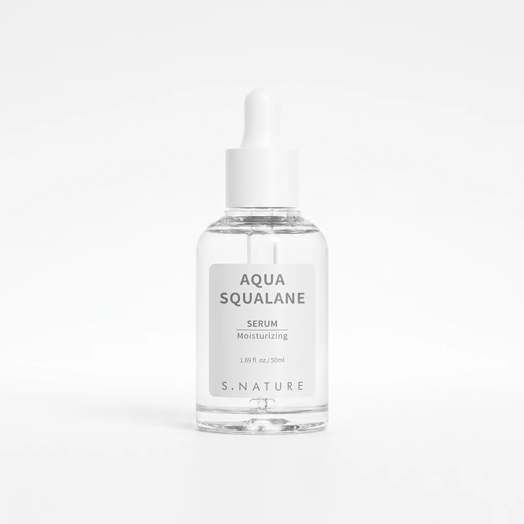 S.NATURE Aqua Squalane Serum dropper bottle on a clean white studio backdrop