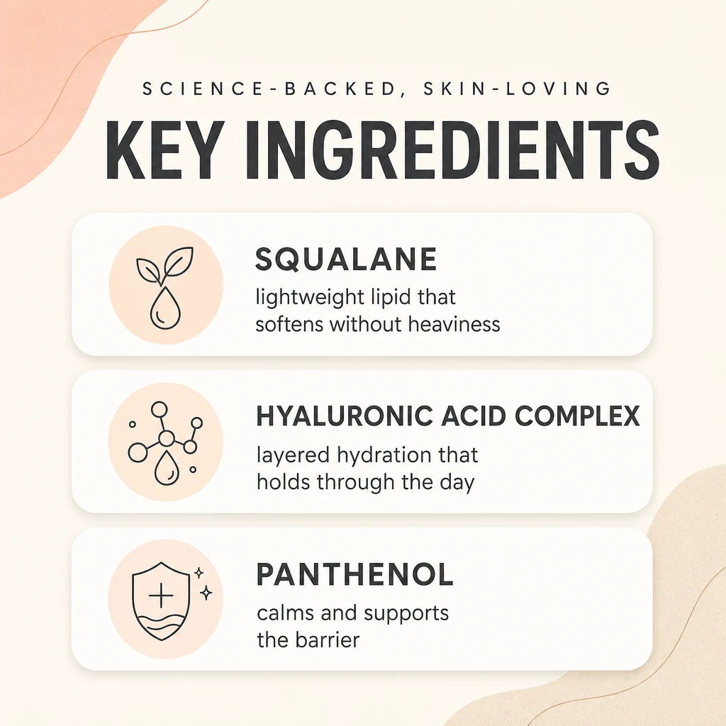 Key ingredients panel for S.NATURE Aqua Squalane Serum: squalane, hyaluronic acid complex and panthenol