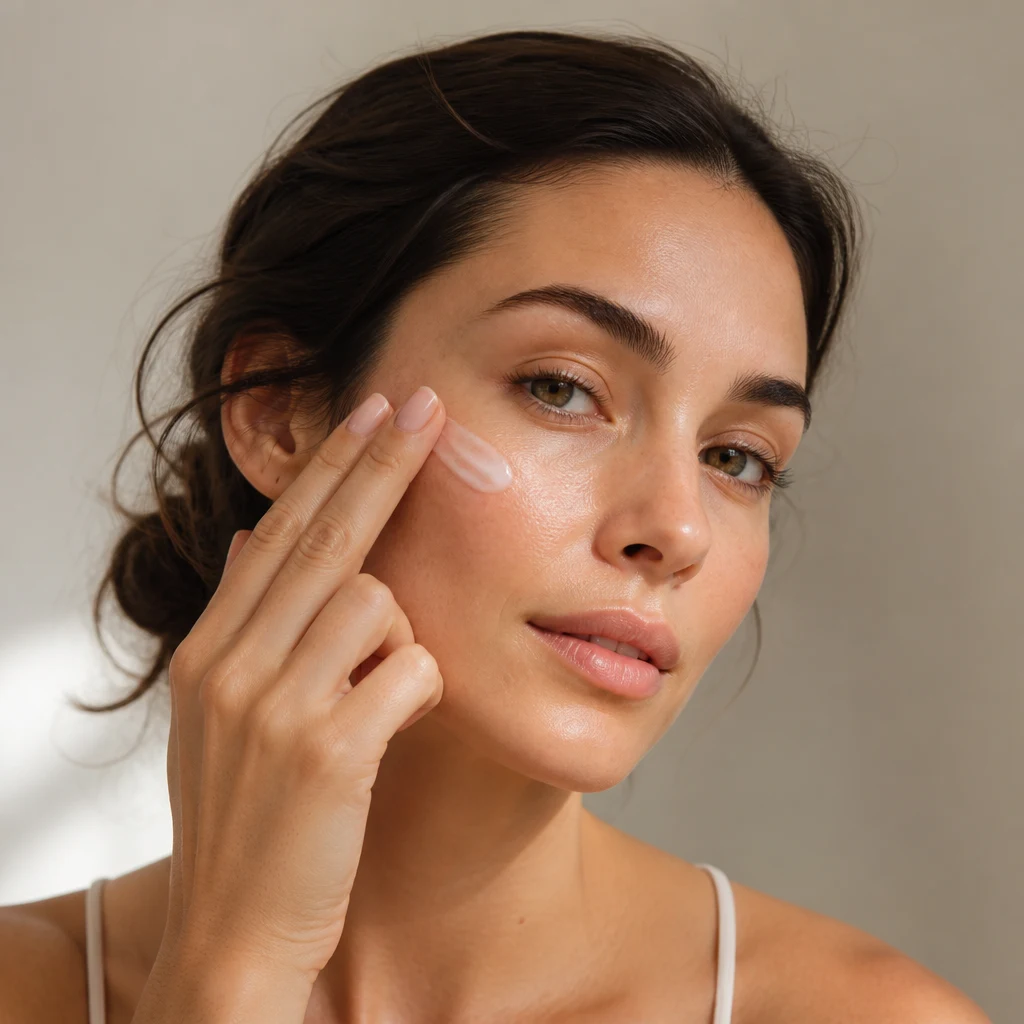 A woman smoothing a milky white ampoule along her cheekbone with two fingers