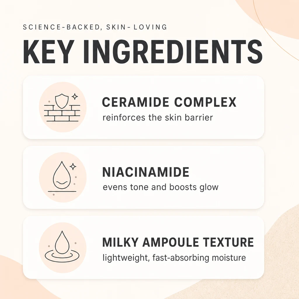 Key ingredients panel for TIRTIR Ceramic Milk Ampoule: ceramide complex, niacinamide and a lightweight milky ampoule texture