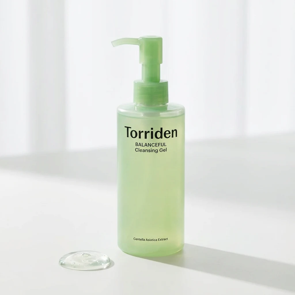 TORRIDEN BALANCEFUL Cleansing Gel pump bottle with a clear gel swatch on a white studio backdrop