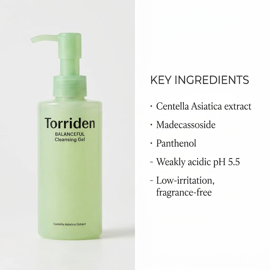 Key ingredients panel for TORRIDEN BALANCEFUL Cleansing Gel: centella asiatica extract, madecassoside, panthenol, weakly acidic pH 5.5 and low-irritation fragrance-free formula