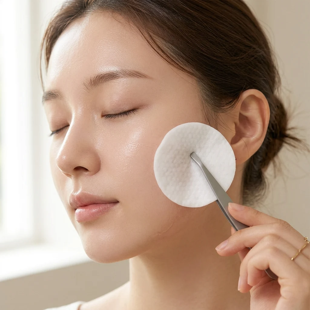 A toner pad being swept across the cheek with tweezers