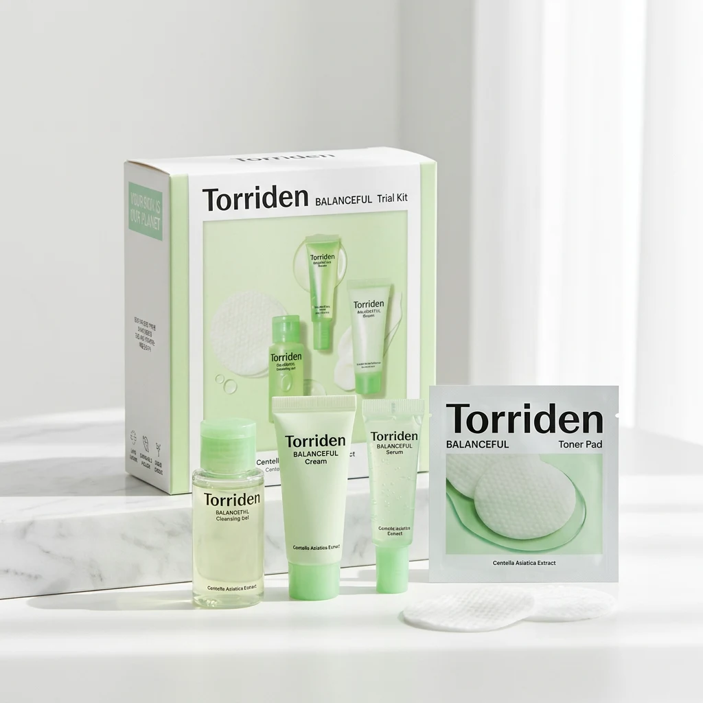TORRIDEN BALANCEFUL Trial Kit minis and toner pad sachet in front of the box on a white studio backdrop