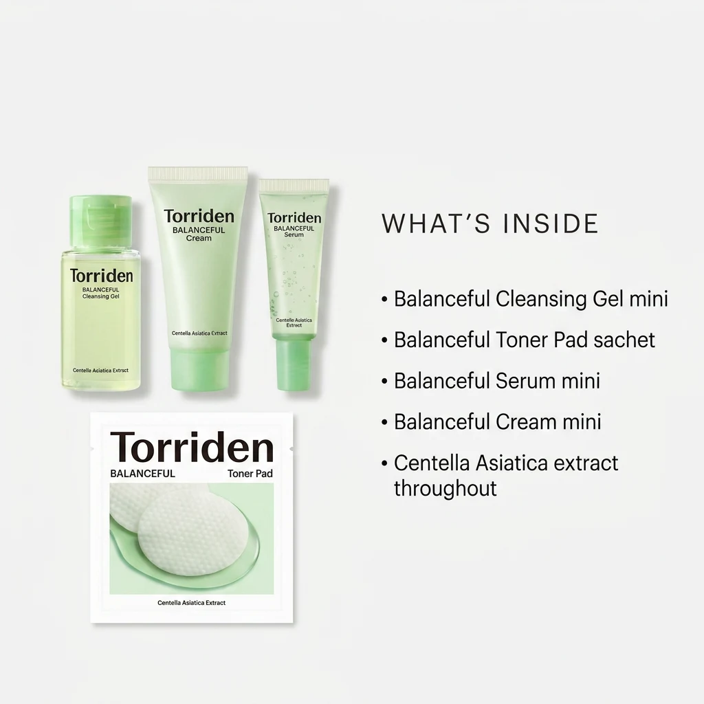 What's inside the TORRIDEN BALANCEFUL Trial Kit: cleansing gel mini, toner pad sachet, serum mini and cream mini with centella asiatica extract