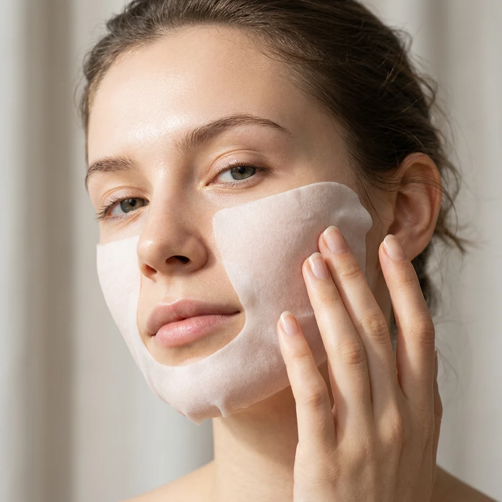 Sheet mask being smoothed onto the cheek with fingertips