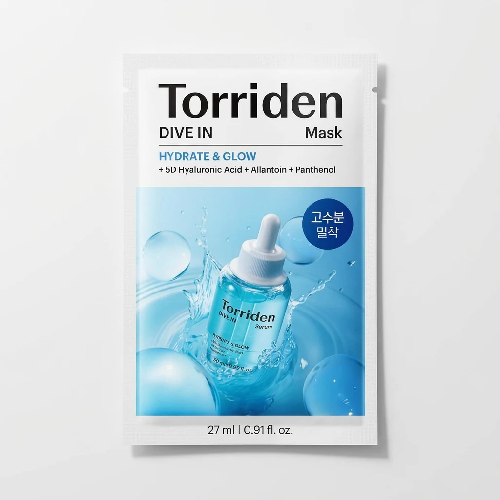 TORRIDEN DIVE IN Mask sheet mask sachet on a clean white studio backdrop