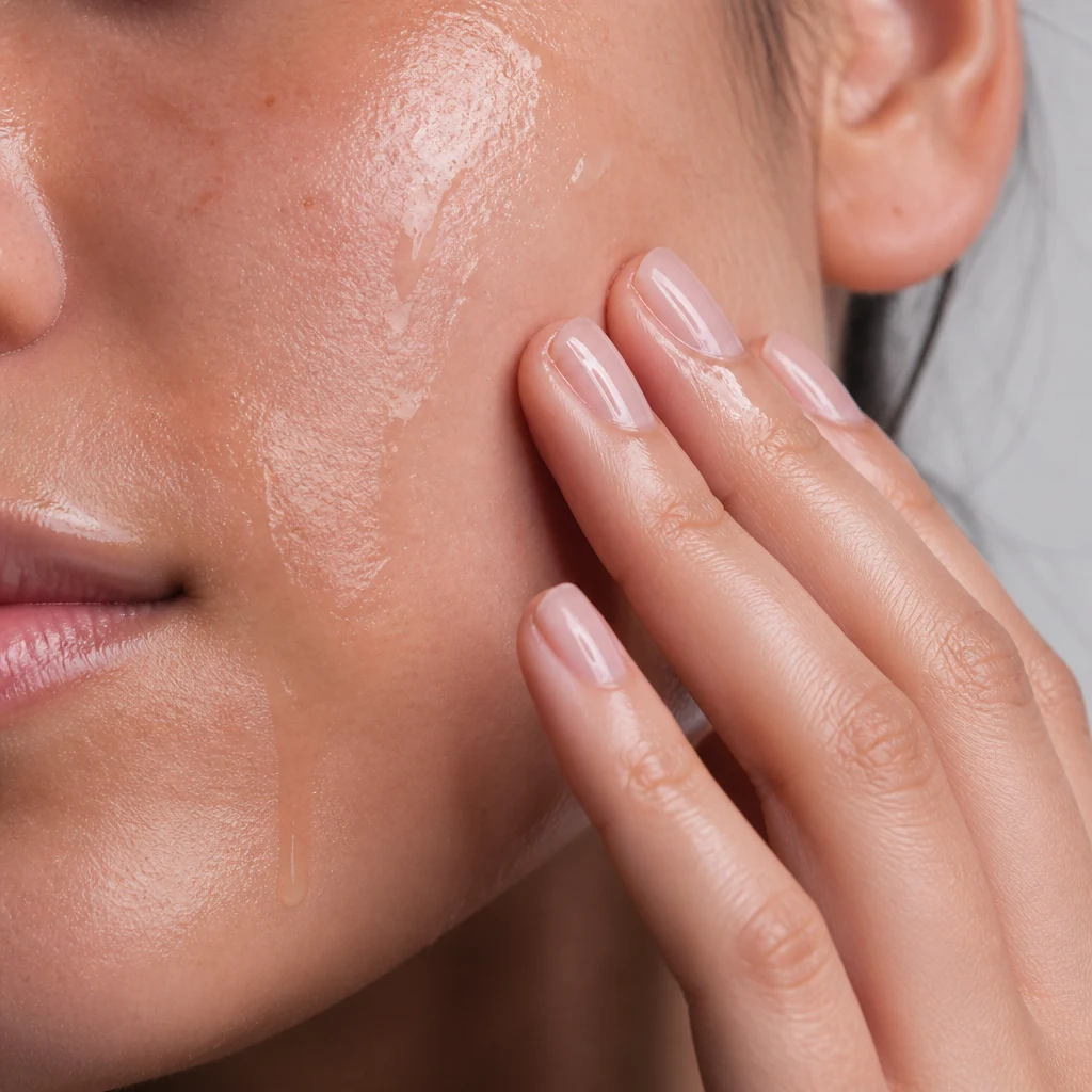 Close-up of the watery serum being pressed into bare cheek skin with one hand