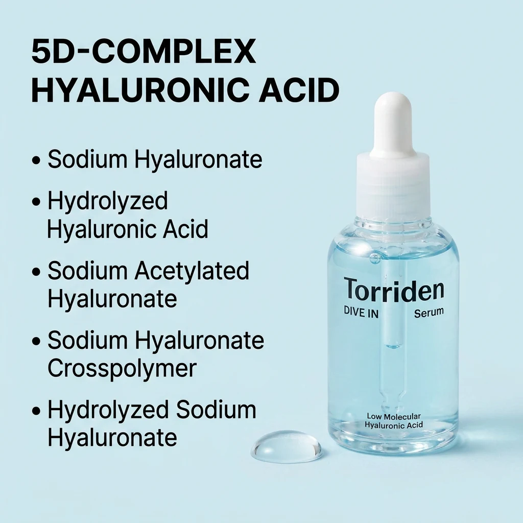 Information panel listing the five hyaluronic acid forms in TORRIDEN DIVE-IN Serum: sodium hyaluronate, hydrolyzed hyaluronic acid, sodium acetylated hyaluronate, sodium hyaluronate crosspolymer and hydrolyzed sodium hyaluronate
