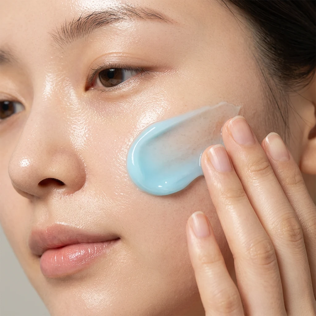 Light blue gel-cream being smoothed onto the cheek with fingertips