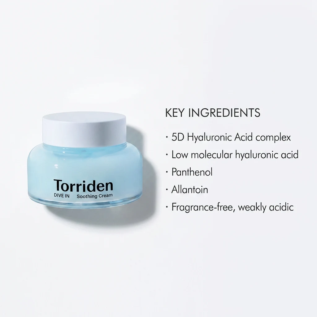 Key ingredients panel for TORRIDEN DIVE IN Soothing Cream: 5D hyaluronic acid complex, low molecular hyaluronic acid, panthenol, allantoin, fragrance-free and weakly acidic