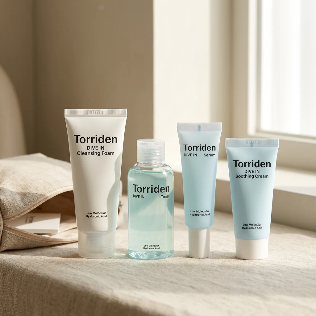 The four TORRIDEN DIVE IN travel sizes — Cleansing Foam, Toner, Serum and Soothing Cream — beside a linen travel pouch in soft window light