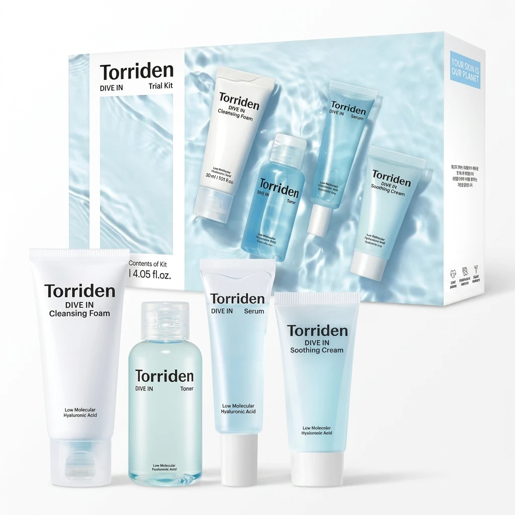 TORRIDEN DIVE IN Trial Kit minis arranged in front of the box on a white studio backdrop