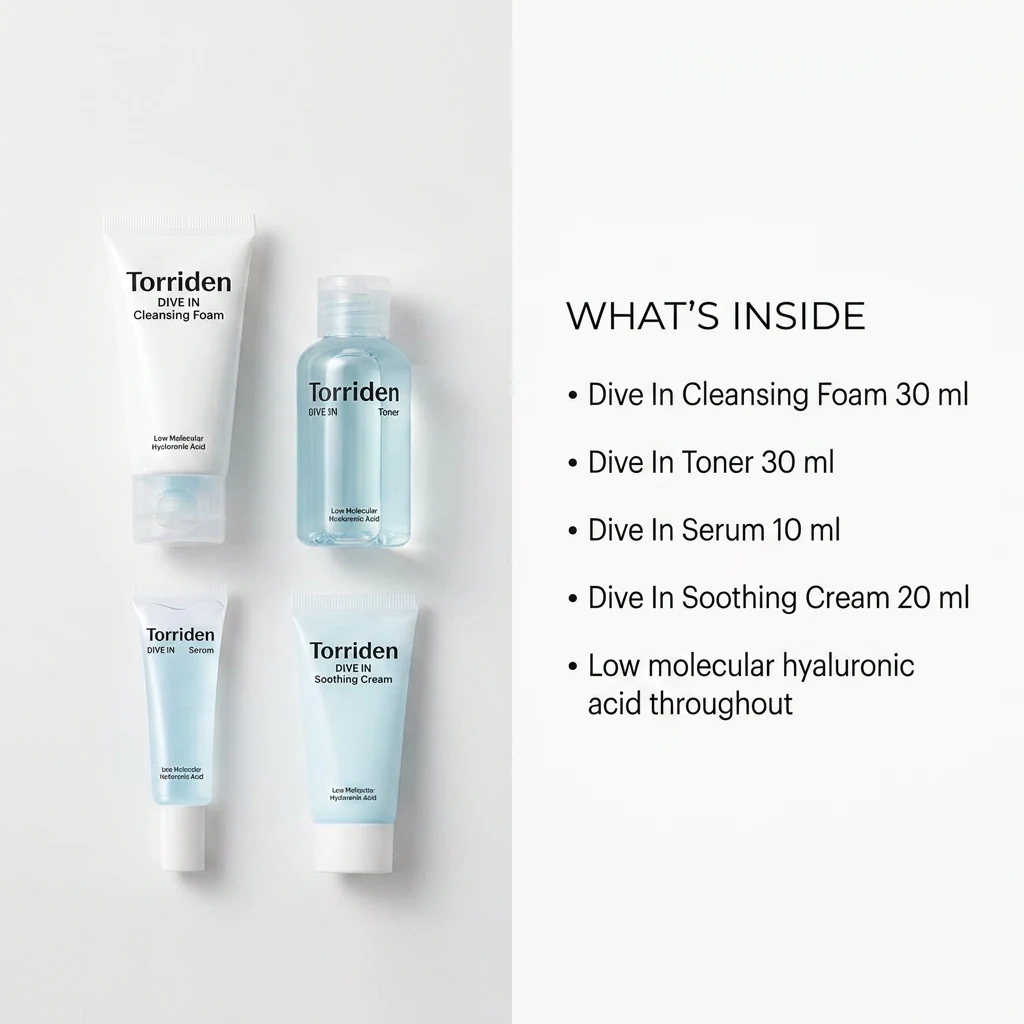 What's inside the TORRIDEN DIVE IN Trial Kit: cleansing foam 30ml, toner 30ml, serum 10ml and soothing cream 20ml