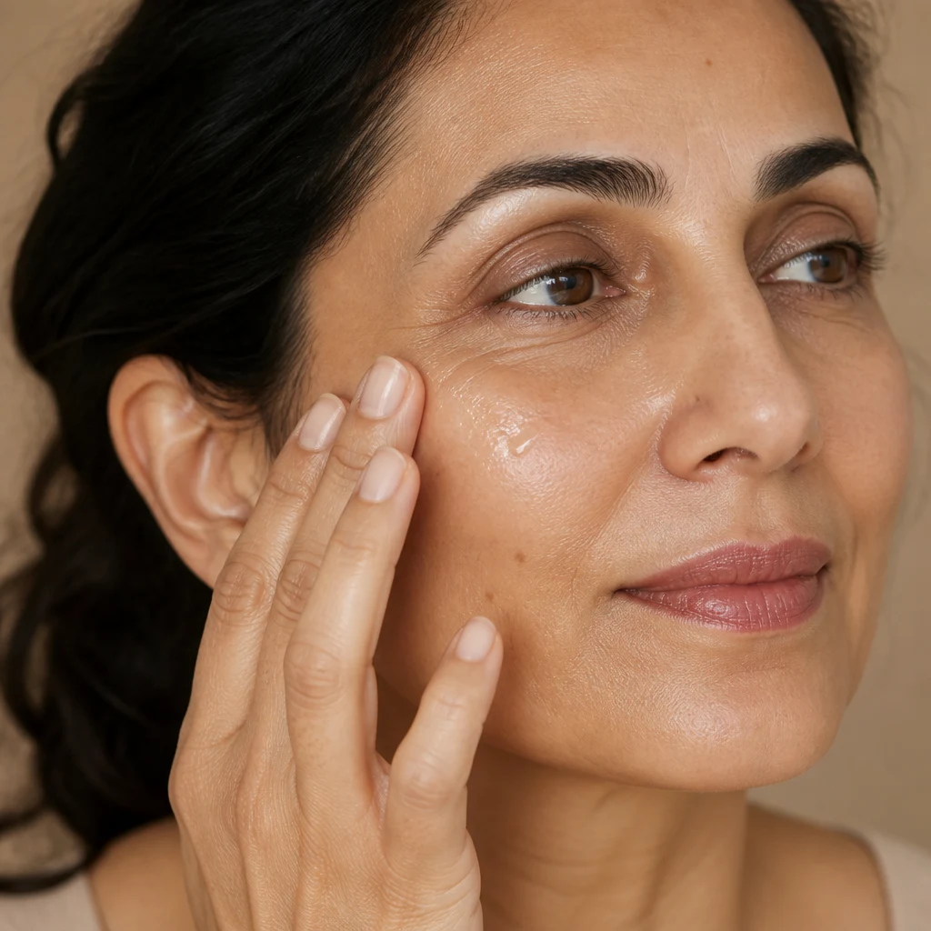 A woman patting a few drops of clear repair ampoule into her cheekbone