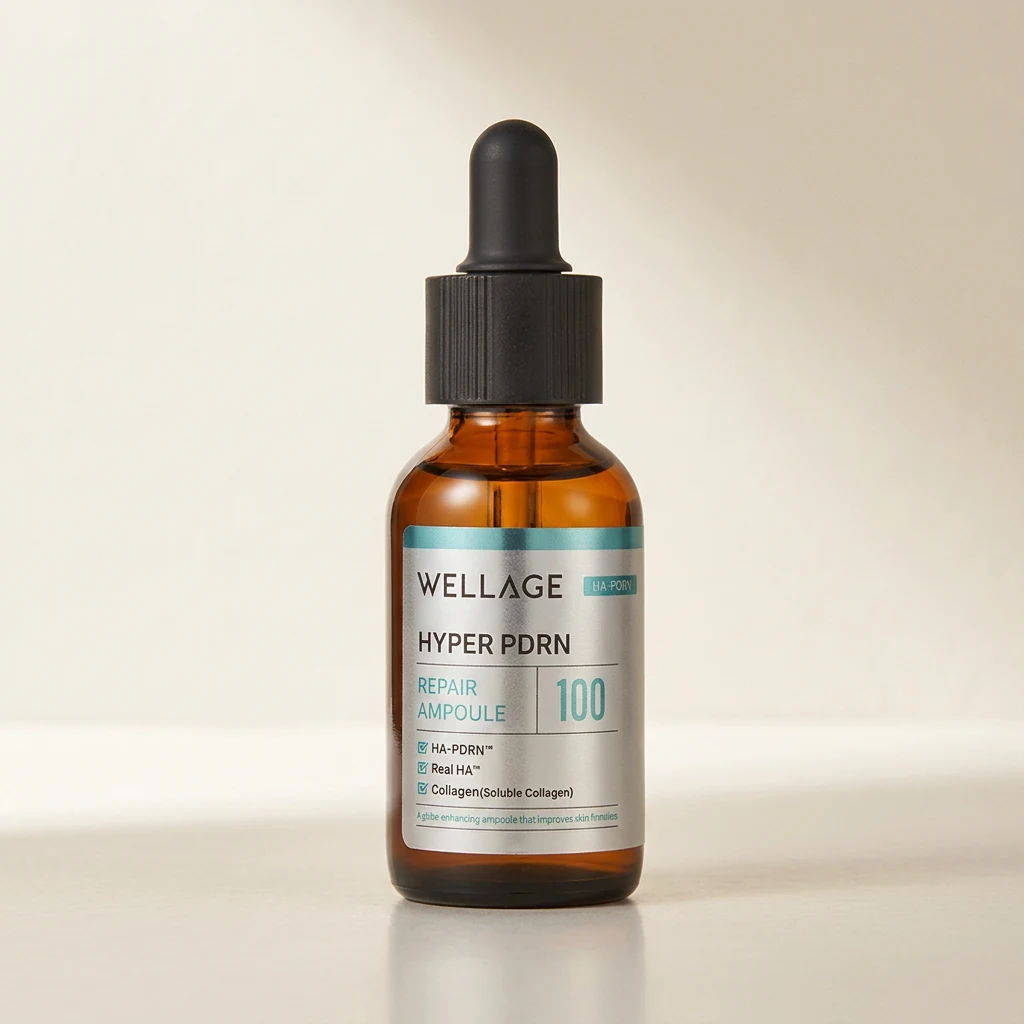 WELLAGE Hyper PDRN Repair Ampoule 30ml amber dropper bottle on a warm off-white studio backdrop