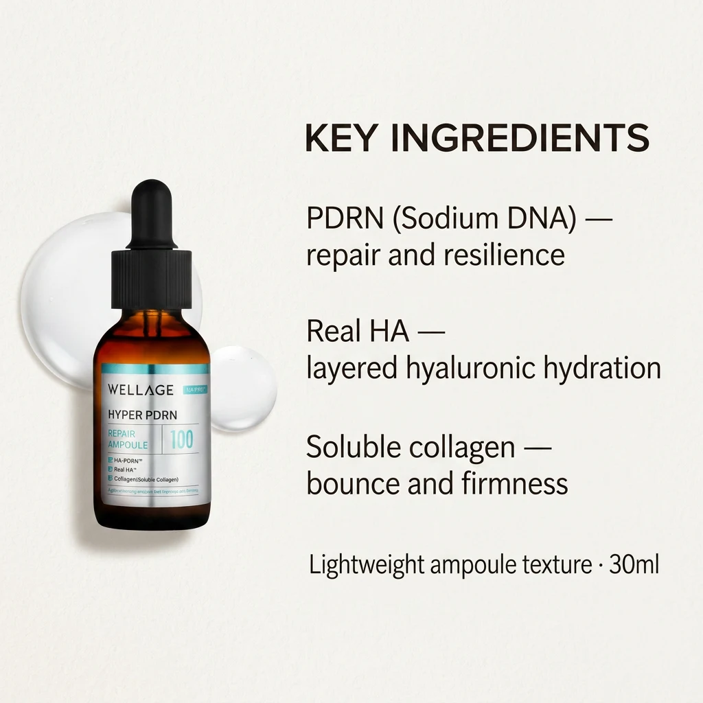 Key ingredients panel for WELLAGE Hyper PDRN Repair Ampoule: PDRN (sodium DNA), Real HA and soluble collagen, 30ml