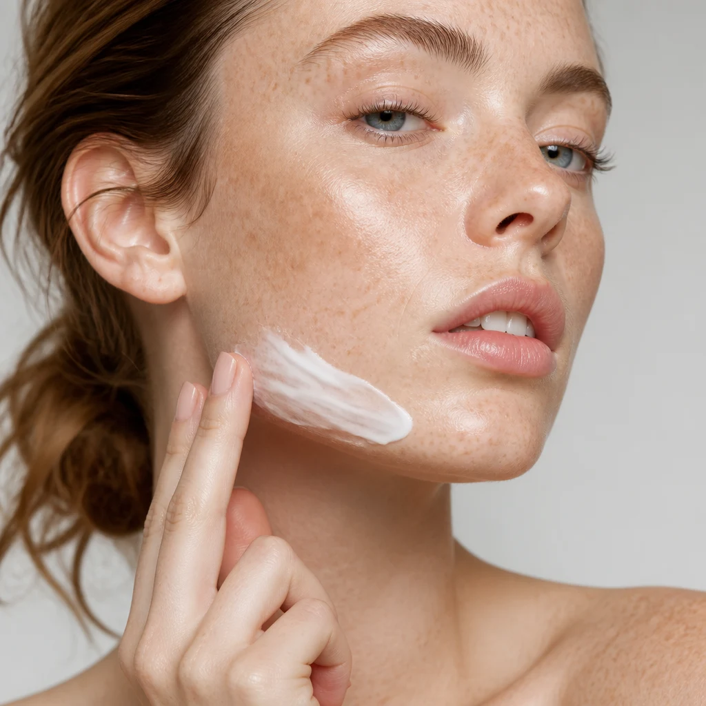 A woman smoothing a stripe of white moisturiser along her jawline