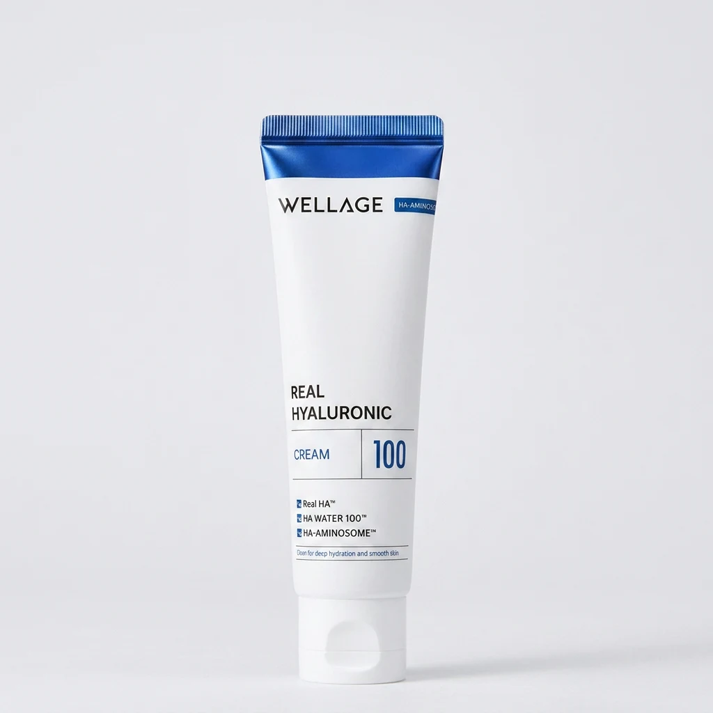 WELLAGE Real Hyaluronic 100 Cream 80ml tube on a pale grey-white studio backdrop