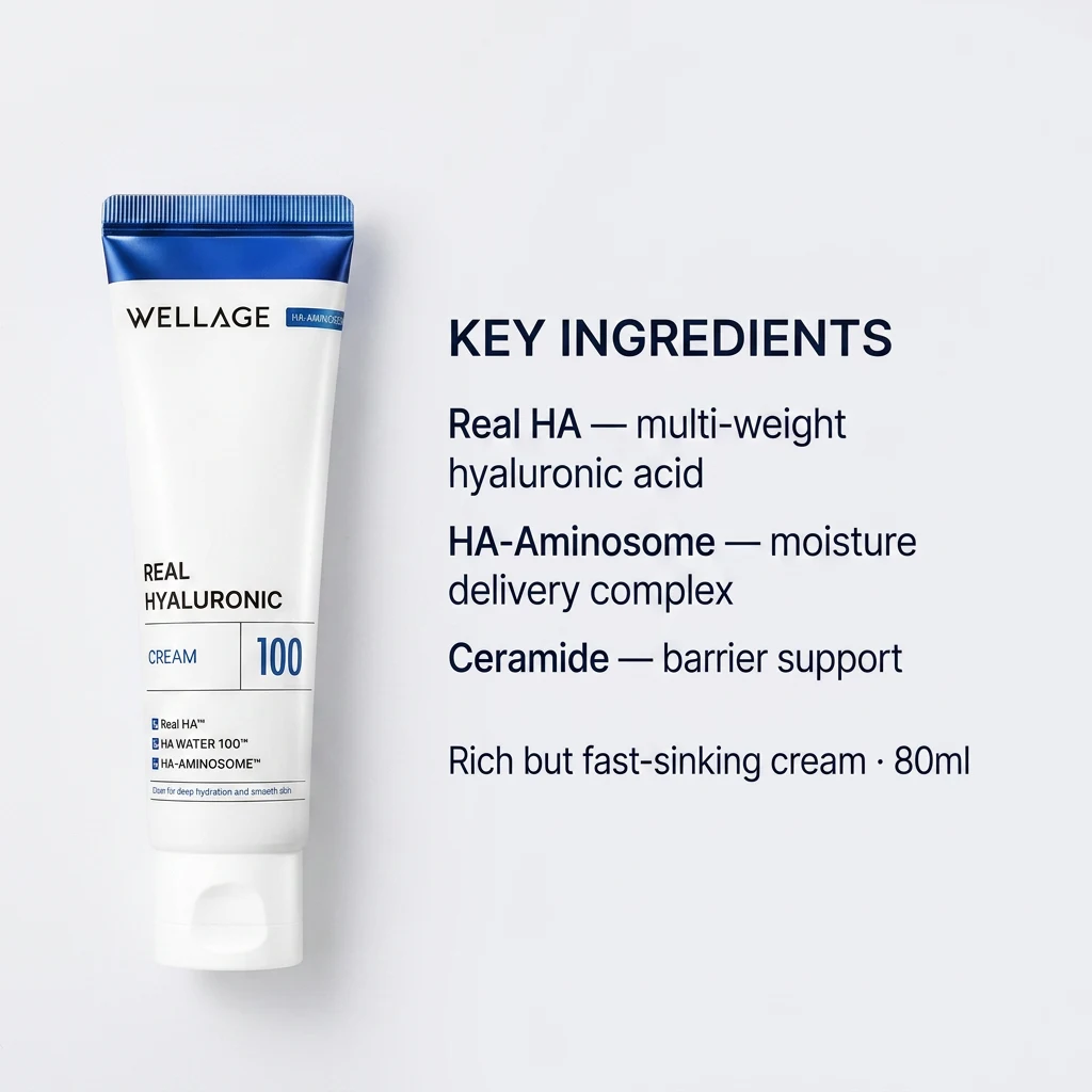 Key ingredients panel for WELLAGE Real Hyaluronic 100 Cream: Real HA, HA-Aminosome and ceramide, 80ml