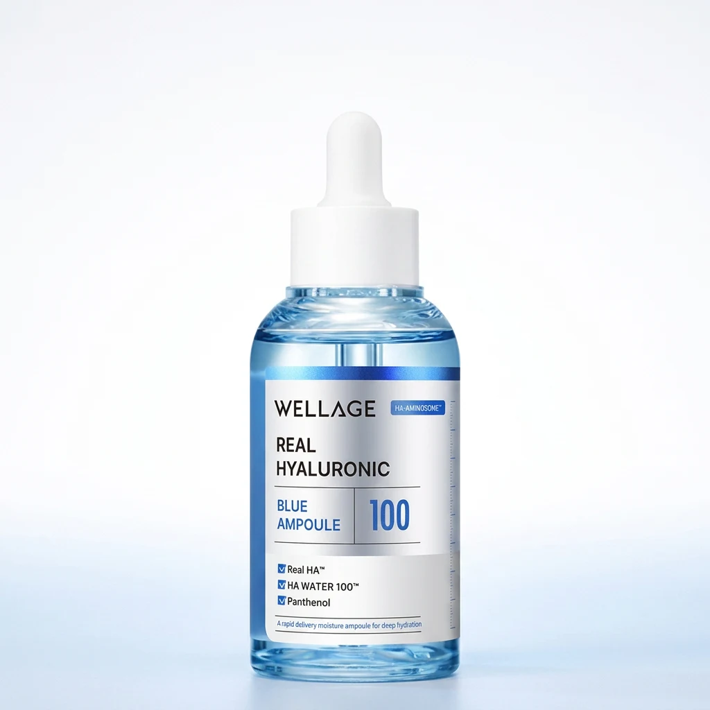 WELLAGE Real Hyaluronic Blue 100 Ampoule 60ml bottle on a cool white-blue studio backdrop