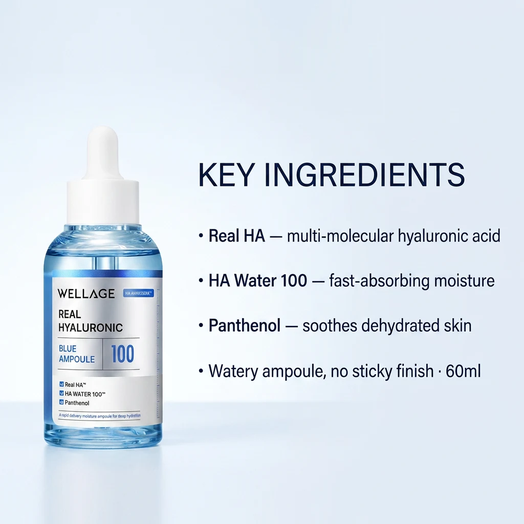 Key ingredients panel for WELLAGE Real Hyaluronic Blue 100 Ampoule: Real HA, HA Water 100 and panthenol in a watery 60ml ampoule