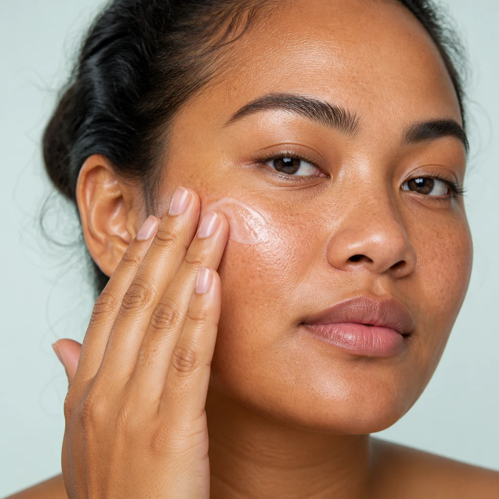 A woman smoothing a cooling gel-cream over a slightly flushed cheek