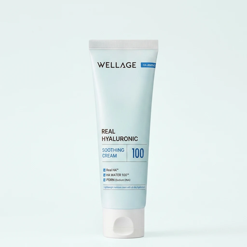 WELLAGE Real Hyaluronic Soothing Cream 80ml tube on a soft mint-white studio backdrop