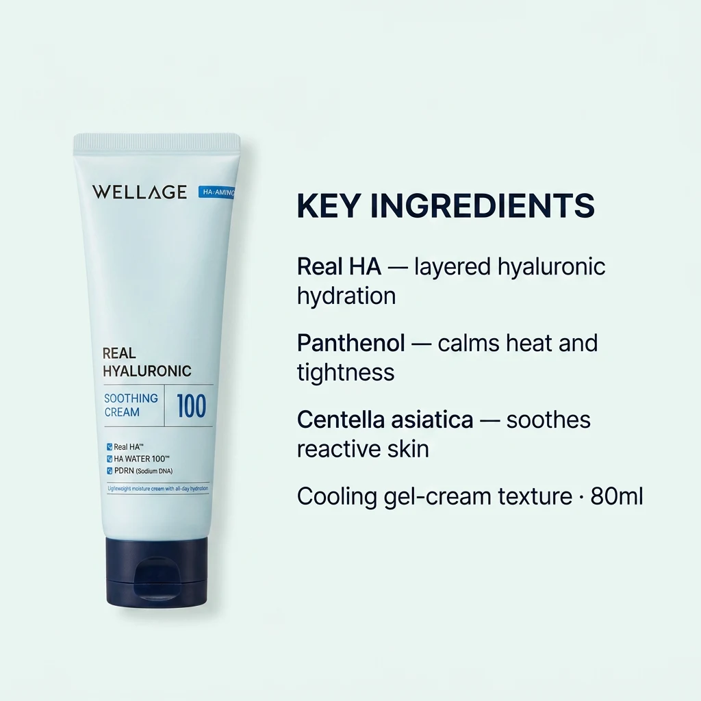 Key ingredients panel for WELLAGE Real Hyaluronic Soothing Cream: Real HA, panthenol and centella asiatica in a cooling 80ml gel-cream