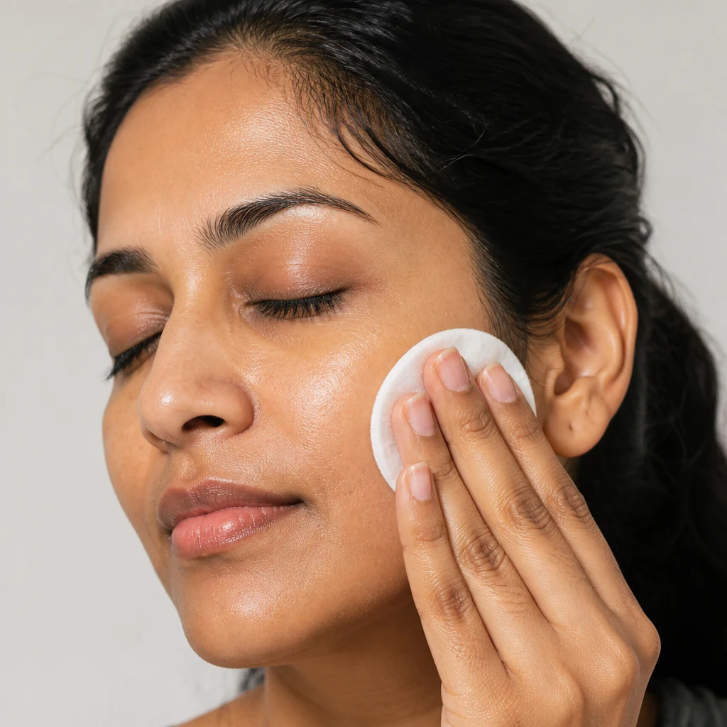 A woman sweeping a toner-soaked cotton pad across her cheek in soft daylight