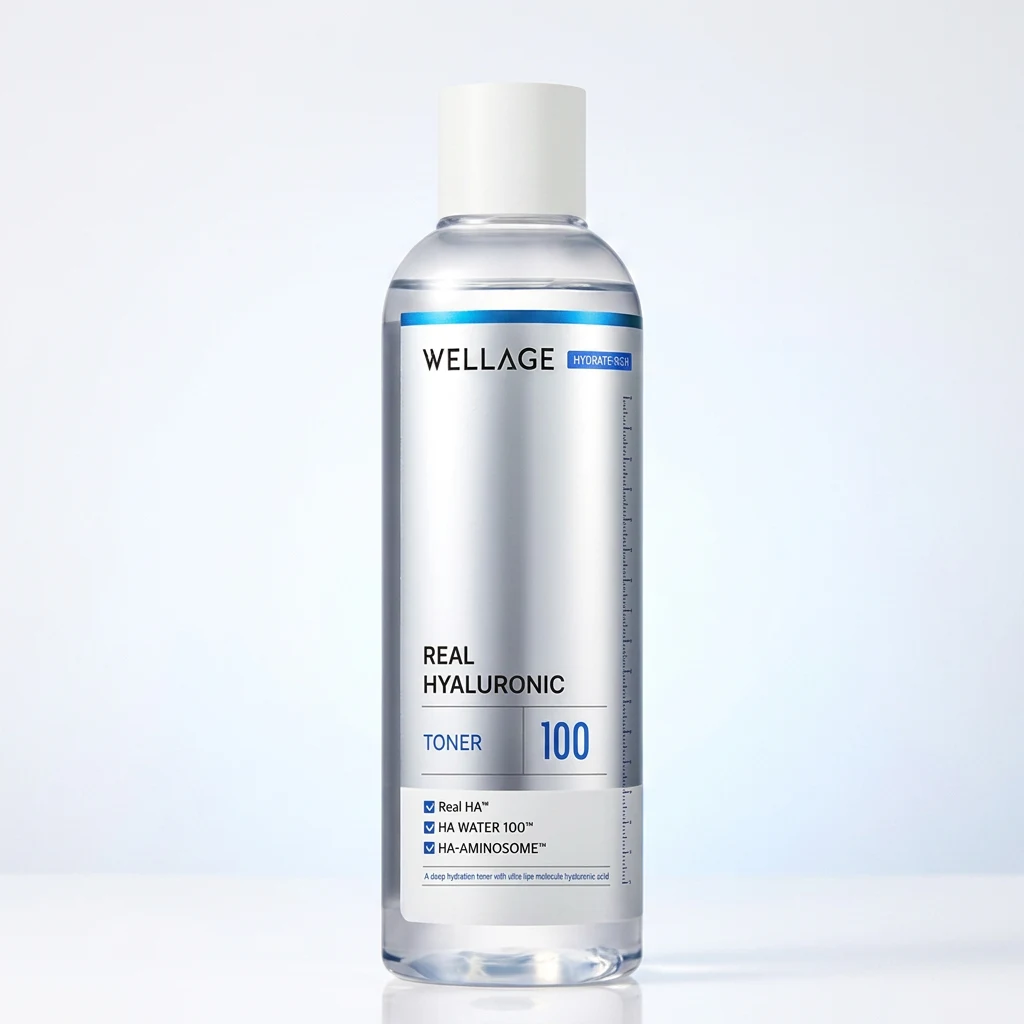 WELLAGE Real Hyaluronic Toner 200ml bottle on a cool blue-white studio backdrop