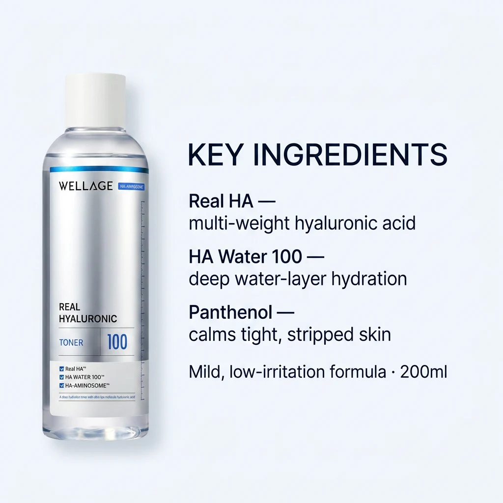 Key ingredients panel for WELLAGE Real Hyaluronic Toner: Real HA, HA Water 100 and panthenol in a mild 200ml formula